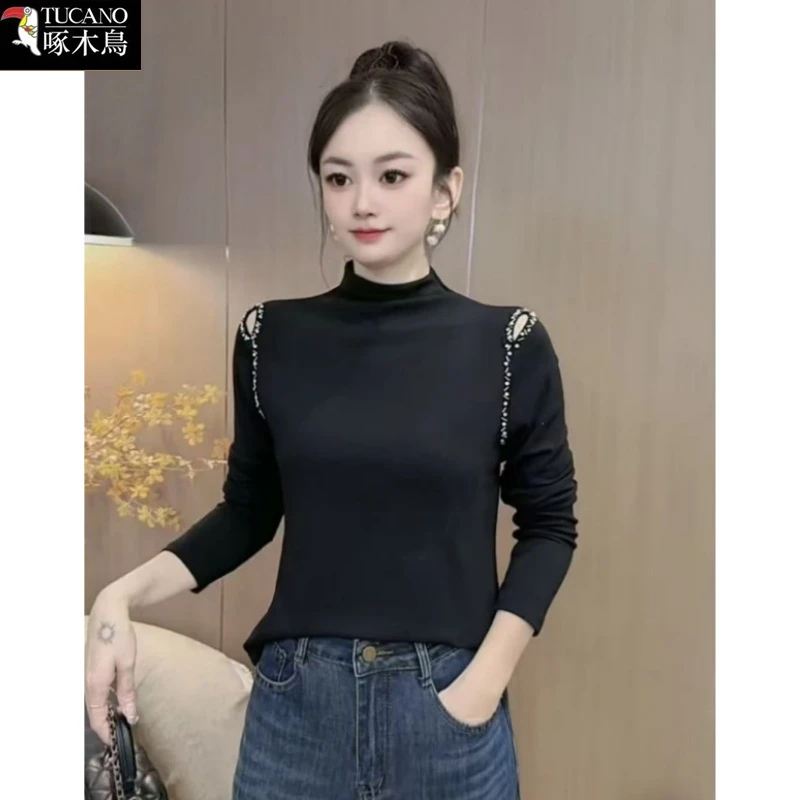 啄木鸟正品新款镂空高级感T恤秋季德绒半高领长袖纯色百搭上衣女