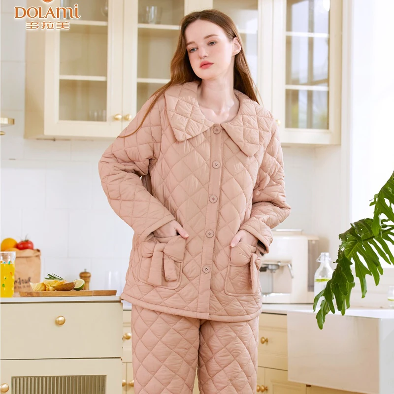 正品多拉美2025冬季睡衣女婴肤尼夹棉加厚家居服羽绒服套装N53226