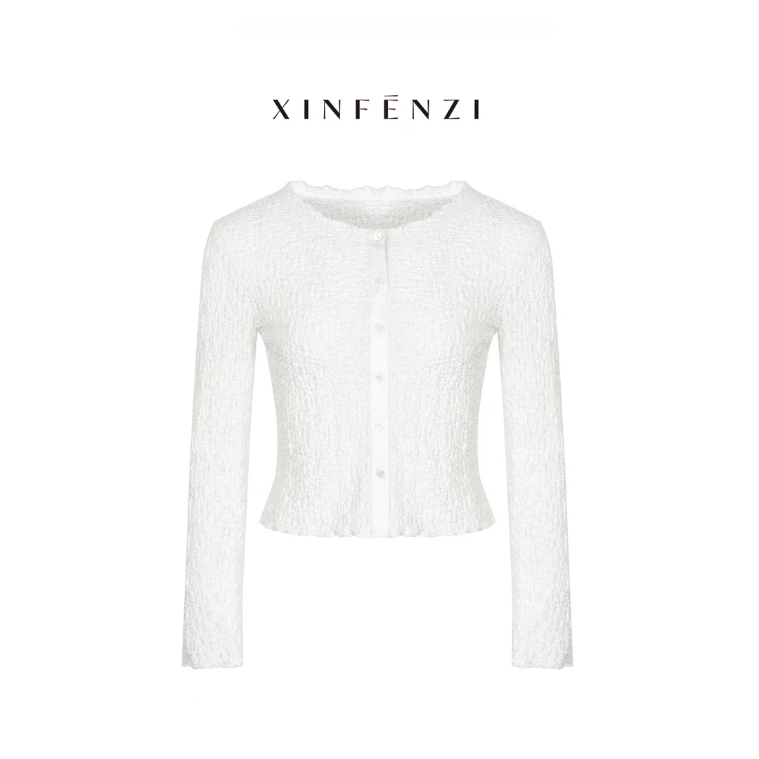 【白桃欢】XINFENZI 法式简约肌理褶皱感系扣开衫上衣 SS34761