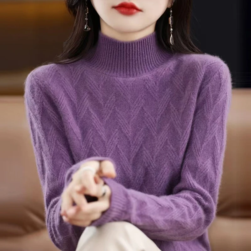 100纯羊毛衫女半高领宽松加厚百搭羊绒衫毛衣外穿纯色绞花打底衫