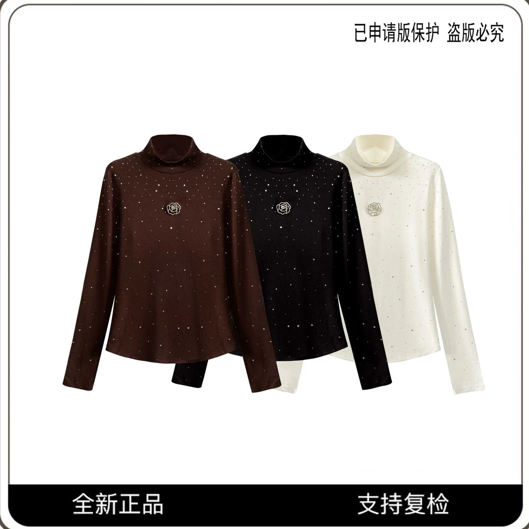 【宠粉专属】66203#轻奢气质半高领烫钻打底T恤2025冬百搭休闲上衣