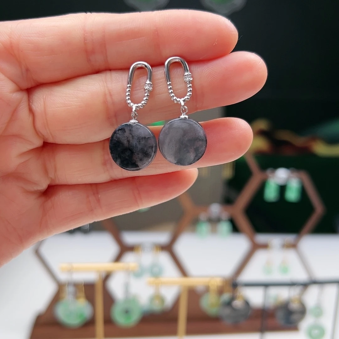 翡翠耳饰银S925镶嵌天然翡翠