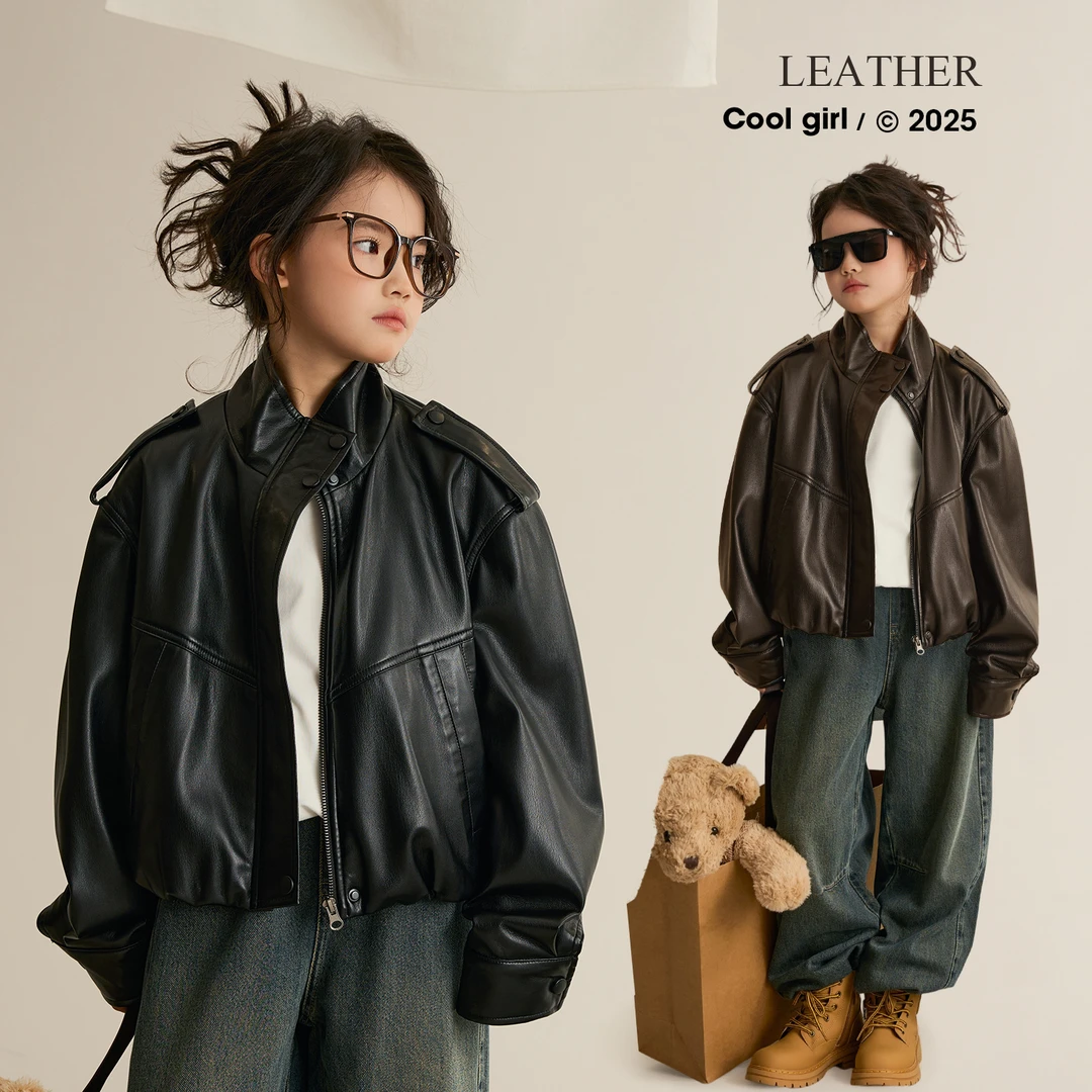 辰辰妈【拽姐】女童立领皮衣夹克2025秋冬新款宽松亲子装外套8405D