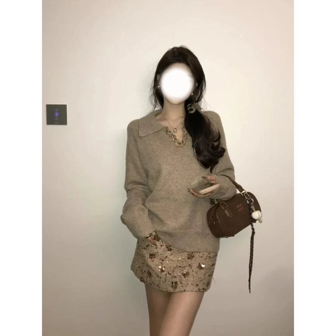 一整套穿搭法式轻熟风针织毛衣女秋冬名媛小香风亮片半身裙套装