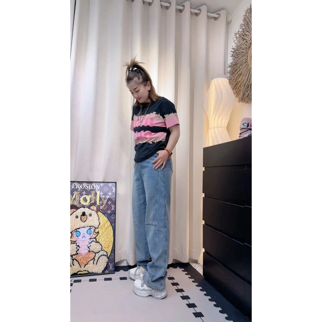 2025春夏款弯刀牛仔裤窄版阔腿裤女宽松大码梨形身材腿粗通勤长裤