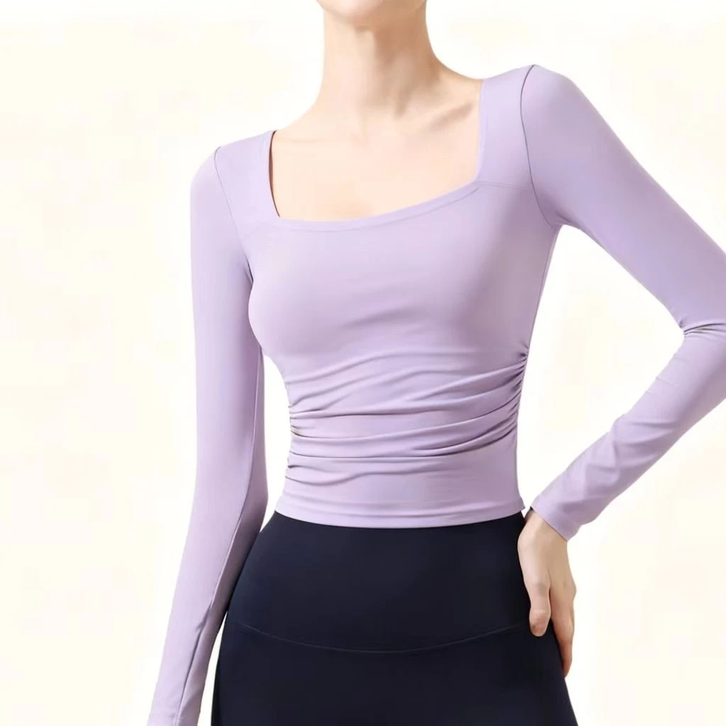 带胸垫裸感瑜伽服女长袖T恤显瘦上衣运动健身普拉提训练服CX501