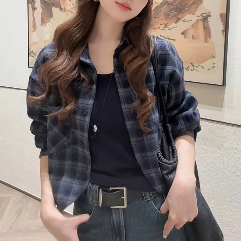 宽松气质时尚格子衬衫外套吊带背心两件套女士2025春秋季新款套装