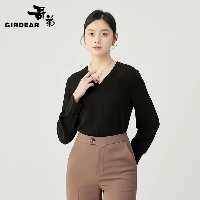 哥弟时尚出行倾国V领素色长袖套头衬衫气质黑色衬衣女130008