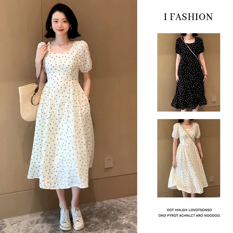 高级感方领波点短袖连衣裙女2025年夏季新款韩版百搭宽松显瘦裙子