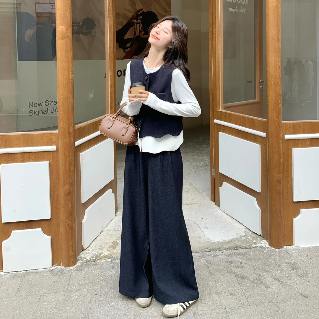 盐系韩范文艺气质时尚套装女2025年秋季撞色马甲T恤阔腿裤三件套