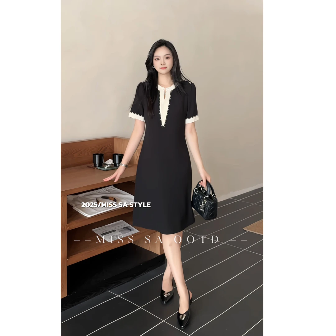 MISS SA 夏季新款时尚优雅拼色钉珠显瘦气质连衣裙 25079029