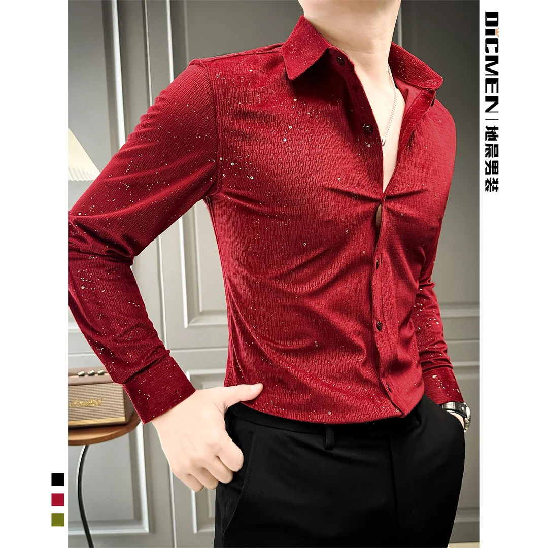 闪亮满天星衬衫男款长袖痞帅奢侈轻奢男装婚礼红色衬衣男士商务