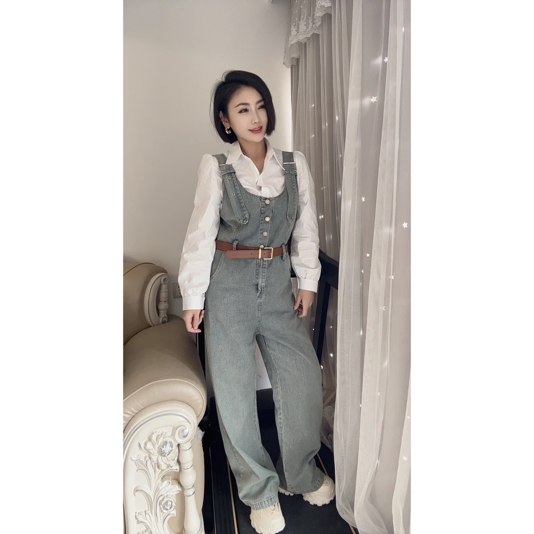 2025春季新款时尚气质名媛范百搭背带裤子阔腿裤白衬衫两件套套装