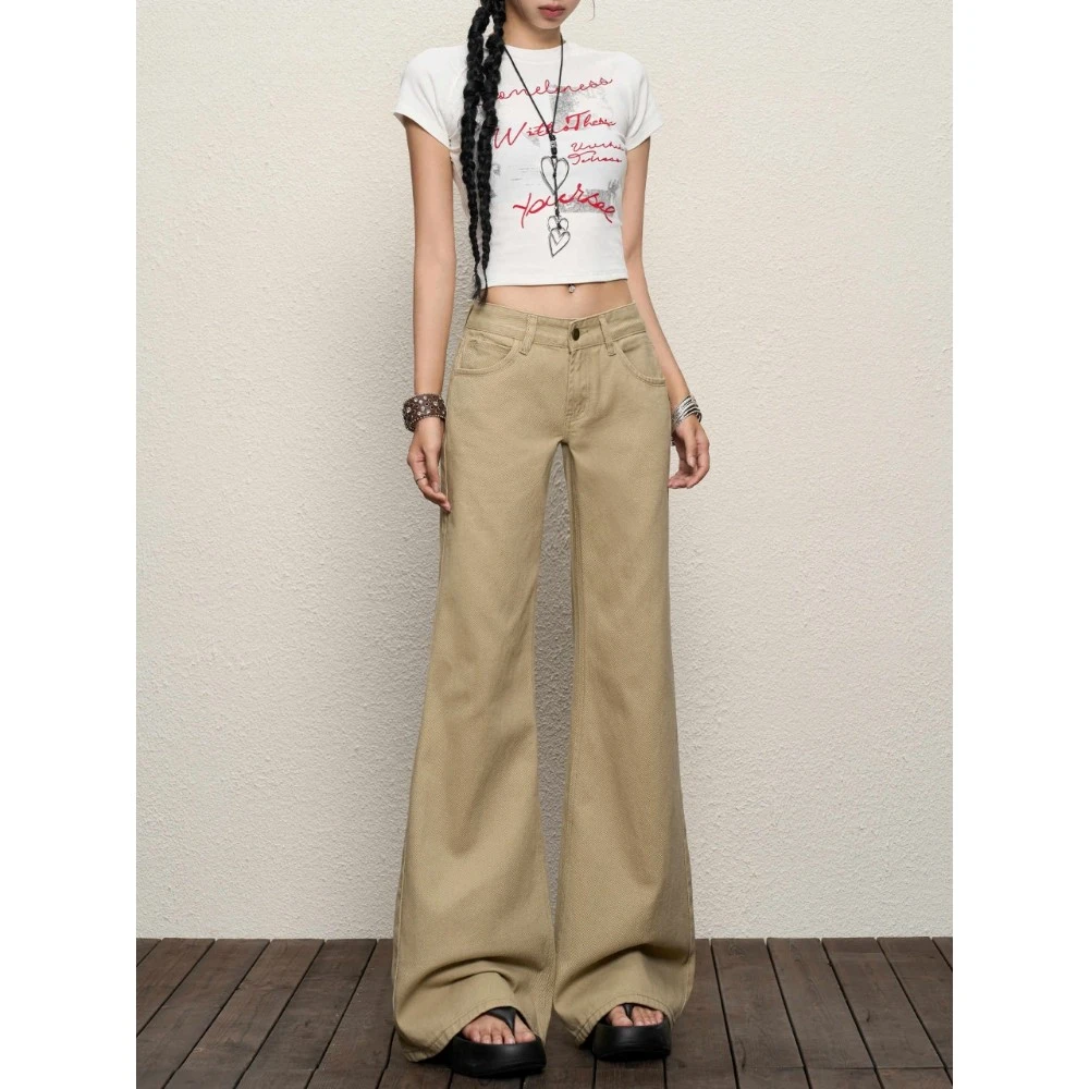 美式复古辣妹卡其色牛仔裤女2025秋季新款低腰拖地不贴腿微喇裤子