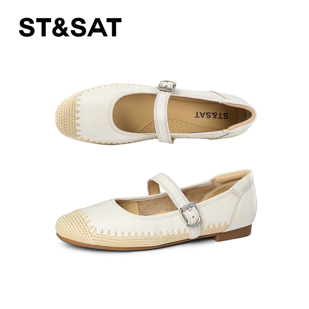 平底复古浅口单鞋一字式扣带拼色时尚休闲玛丽珍鞋