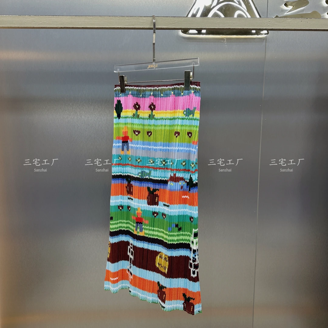 三宅褶皱夏季新款气质高端设计感趣味彩色像素风印花半裙时尚百搭