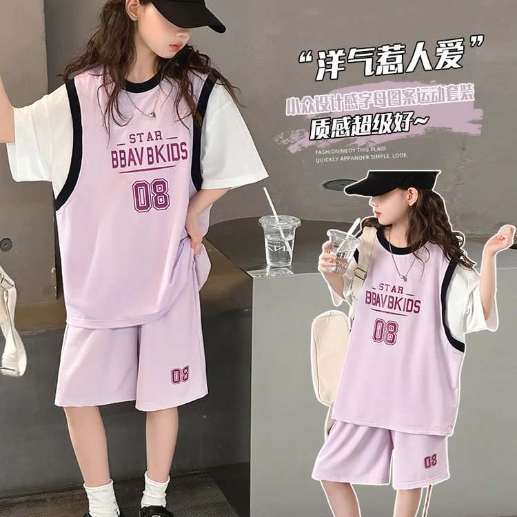 女童夏装套装新款女大童t恤休闲字母短袖t儿童日常运动风夏季短裤
