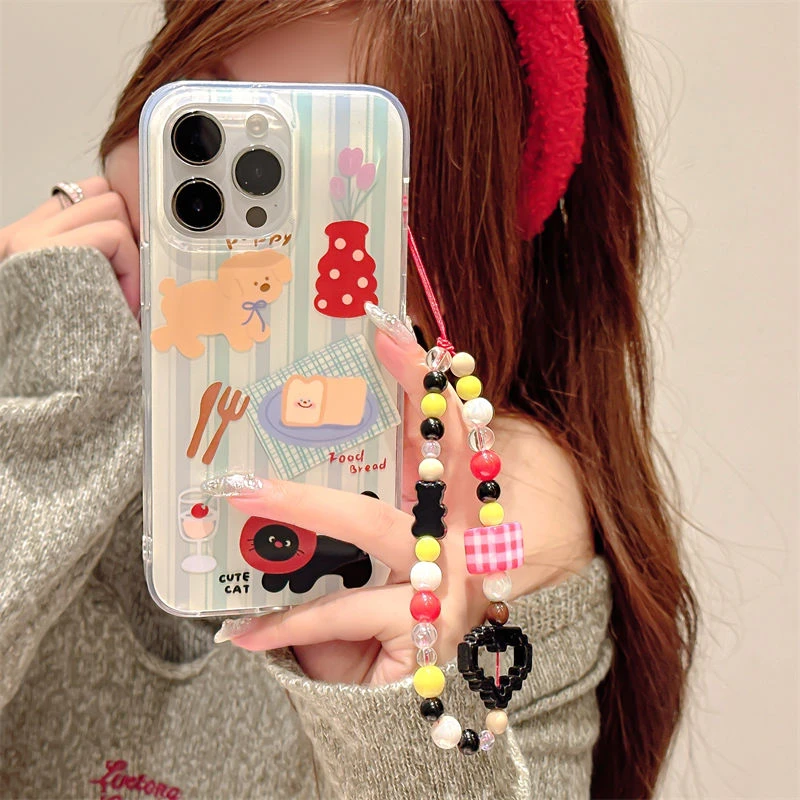 IMD白色大孔条纹野餐猫咪手机壳适用于苹果/华为/vivo/小米/oppo