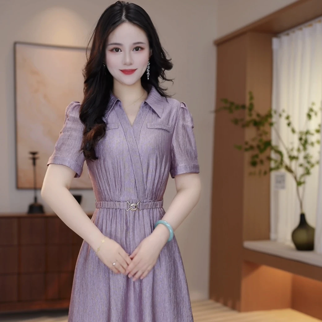 【XY-162】夏季紫色短袖连衣裙优雅气质时尚减龄收腰显瘦