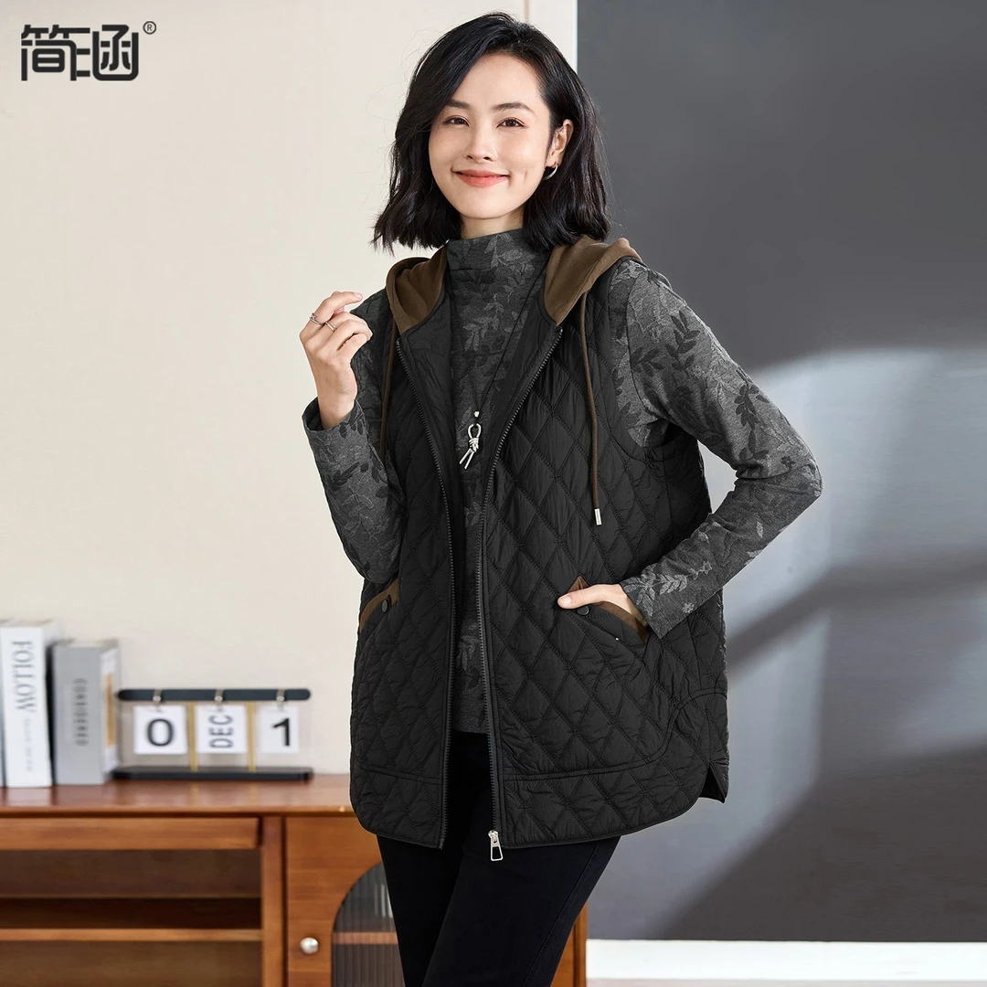 简涵大码连帽薄款棉服马甲胖MM秋冬宽松百搭洋气显瘦背心D1589