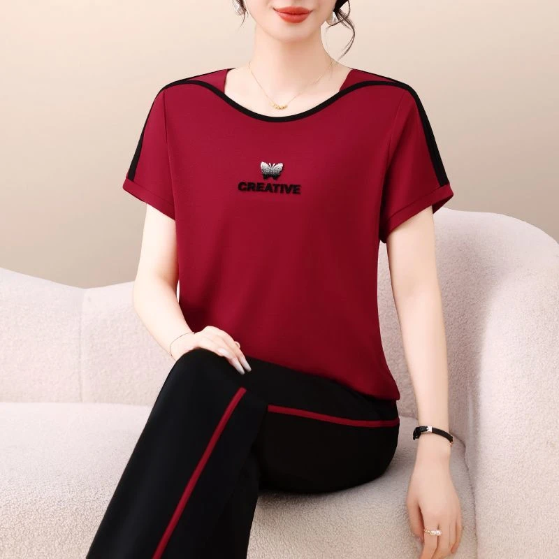 夏季运动服套装女2025新款时尚洋气大码冰丝短袖长裤休闲两件套薄