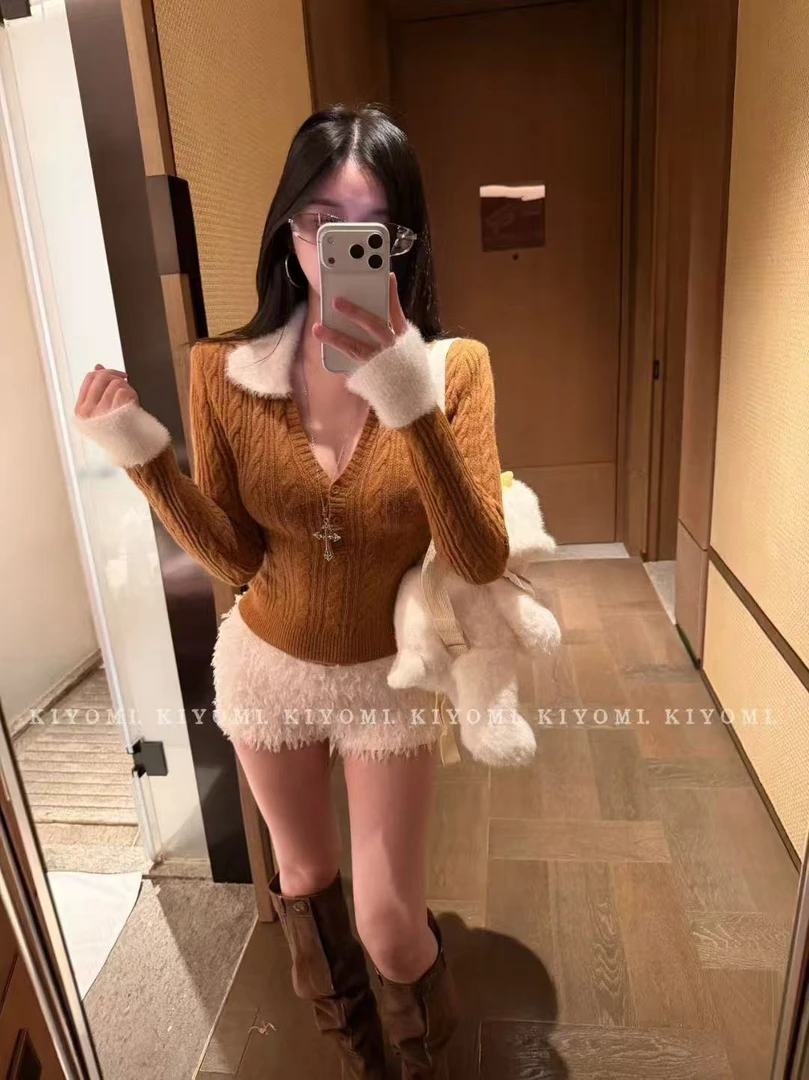 【多宝】冬季针织百搭拼接水貂毛翻领上衣时尚韩版上衣110259秋冬