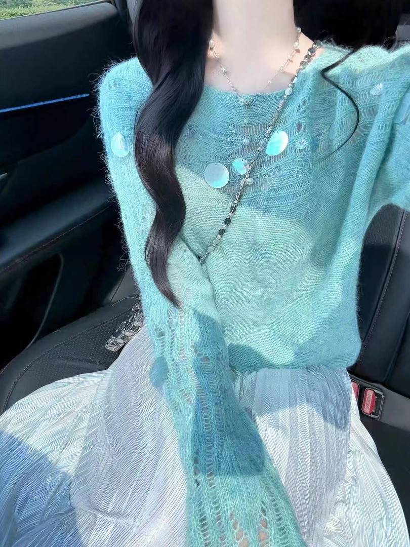 韩系早秋绝美气质温柔风镂空亮片毛衣女秋冬慵懒氛围感针织衫上衣