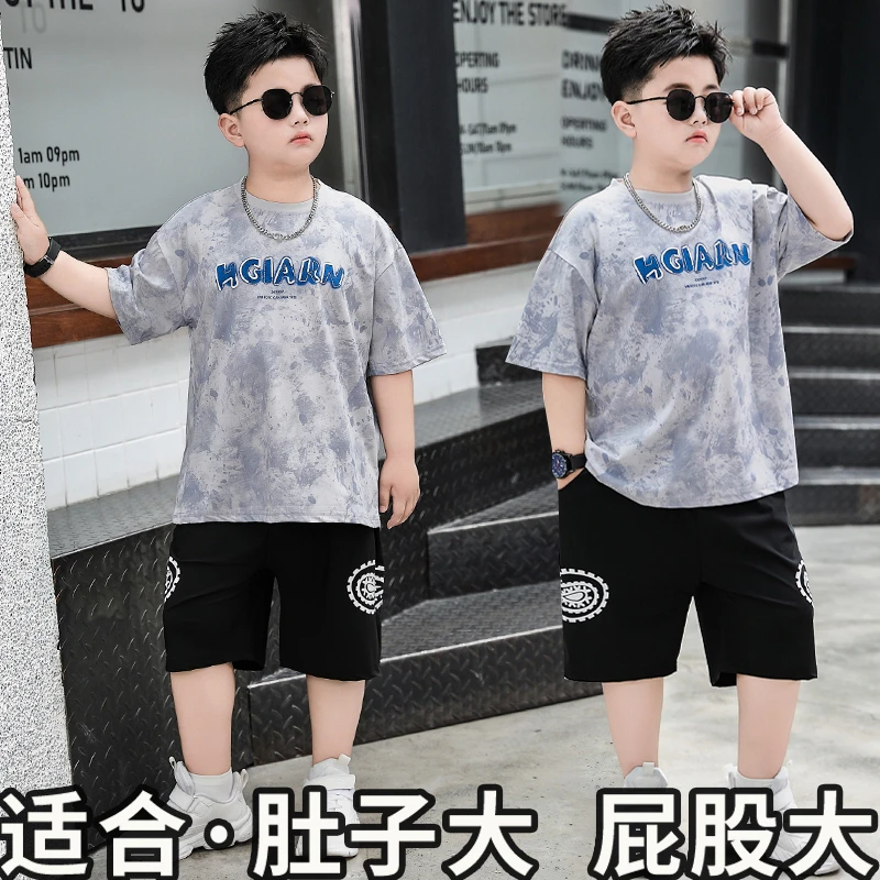 胖男童T恤短袖夏装2025新款中大童轻薄透气夏季儿童速干短袖套装