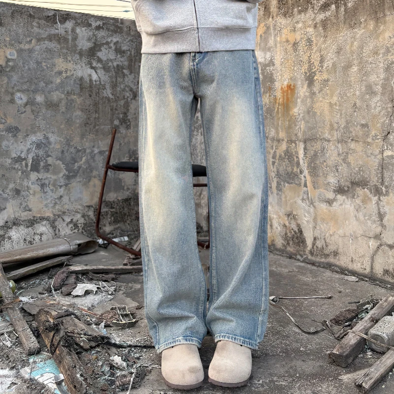 现货！冰蓝牛仔裤男春夏季宽松复古直筒阔腿裤美式高街拖地长裤男