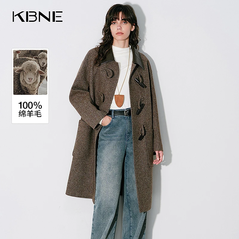 【全羊毛】KBNE羊毛大衣女秋冬高级感爆款2025新款拼接牛角扣大衣女