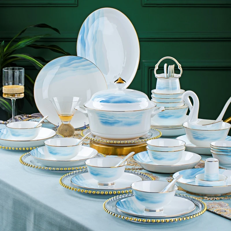 景德镇骨瓷金边碗碟盘套装家用餐具套装轻奢新款高档乔迁中式陶瓷