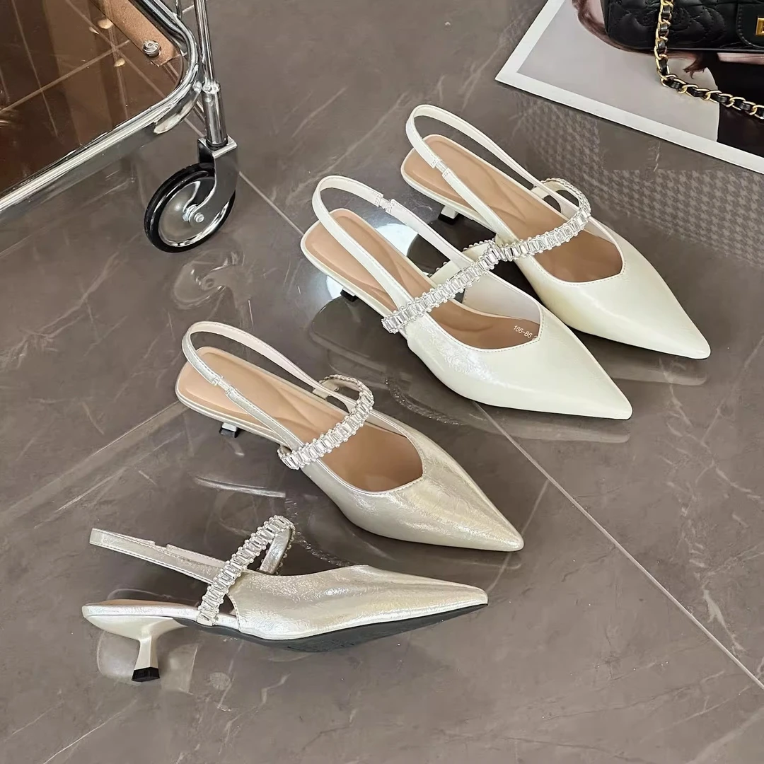 法式尖头高跟鞋女一字带细跟水钻单鞋2025新款气质包头后空凉鞋