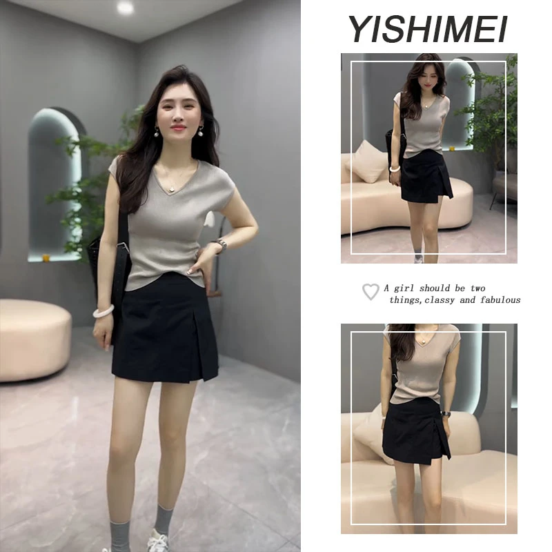 【现货】2025夏新款纯色气质V领冰感修身短袖上衣开叉半身裤裙套装