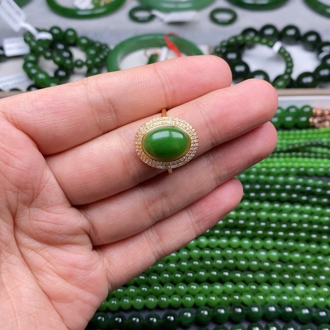 银S925镶嵌戒指和田玉（碧玉）超*