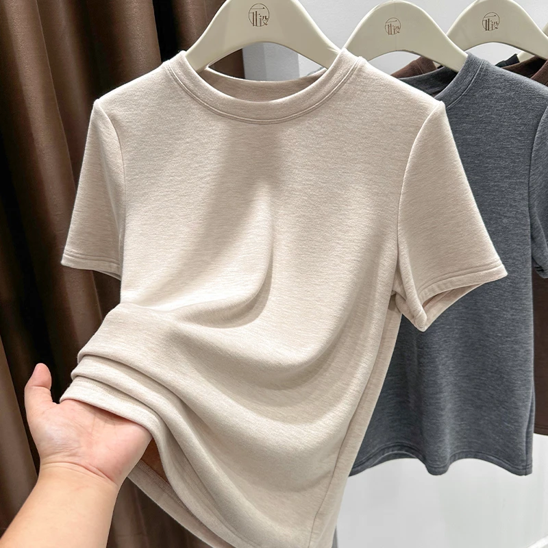 双面德绒打底衫女款春秋冬澳绒保暖五分袖加绒加厚低圆领短袖T恤