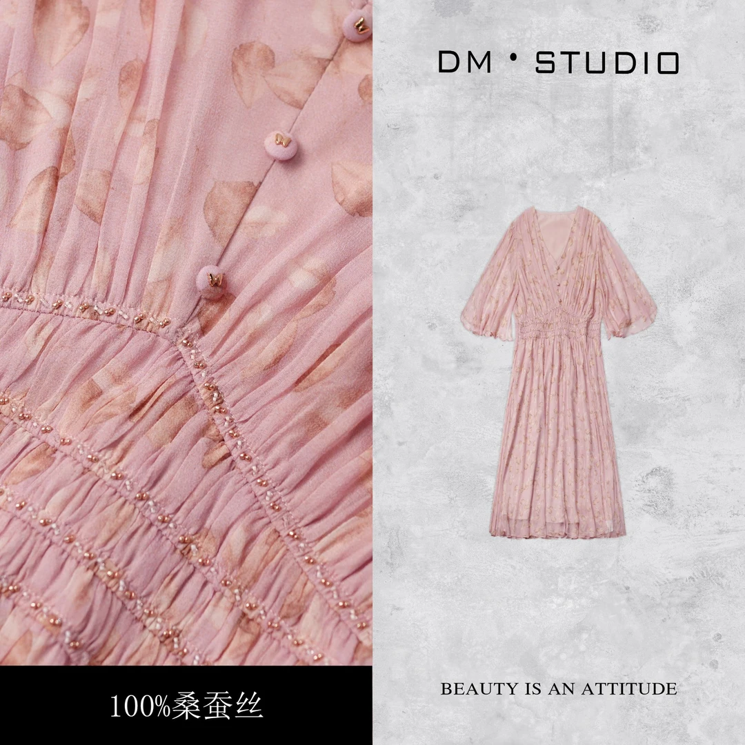 DEDM•STUDIO/100%桑蚕丝减龄碎花气质收腰连衣裙（2504LYQ/1010G）