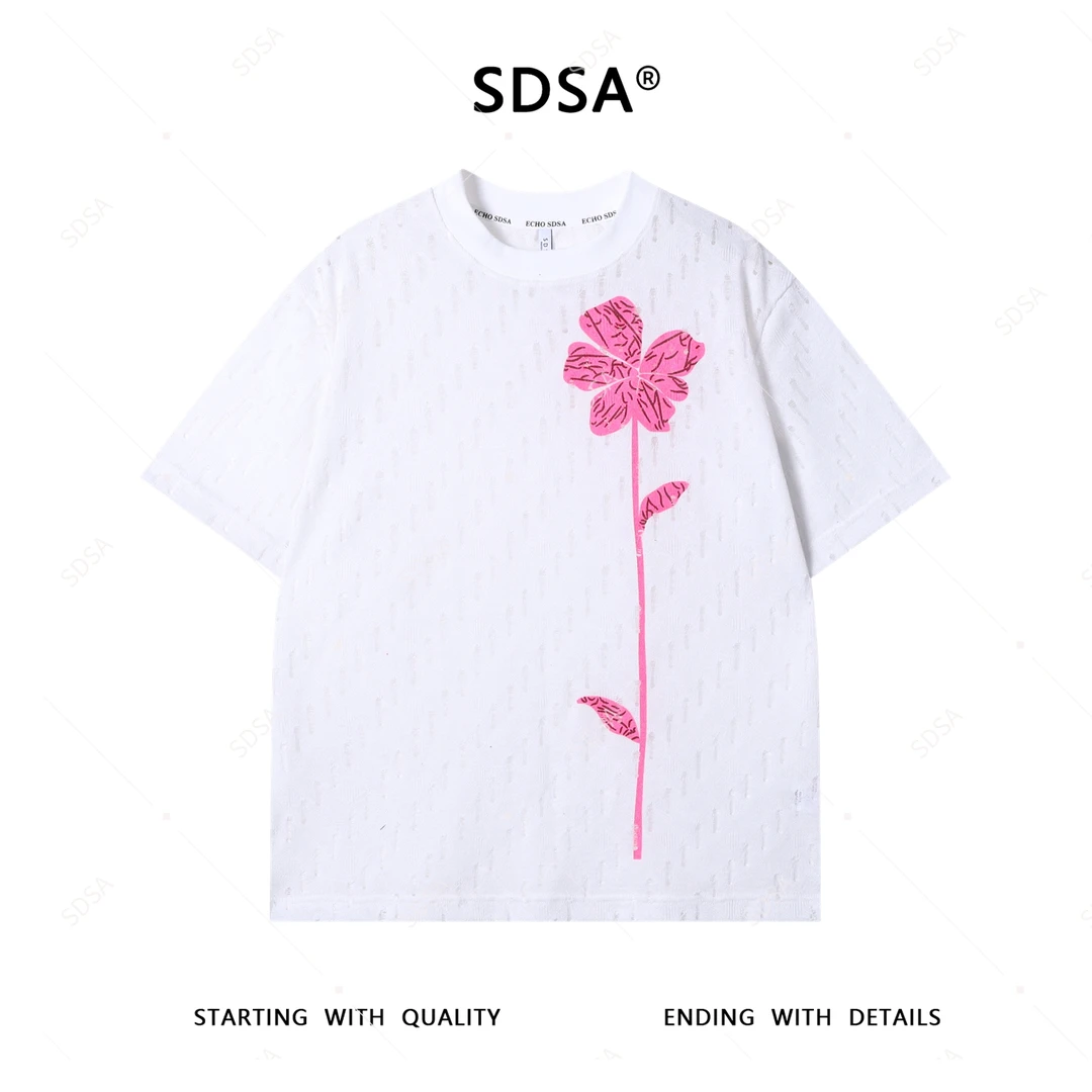 SDSA夏季新款男士痞帅潮牌镂空撞色印花圆领短袖T恤小众设计上衣