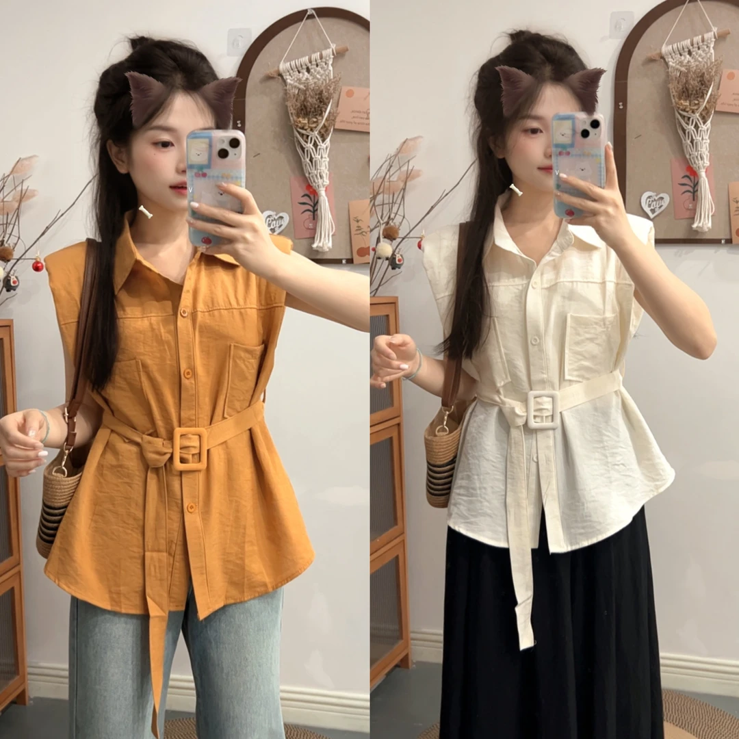 夏季韩系气质无袖海绵垫肩收腰衬衫067