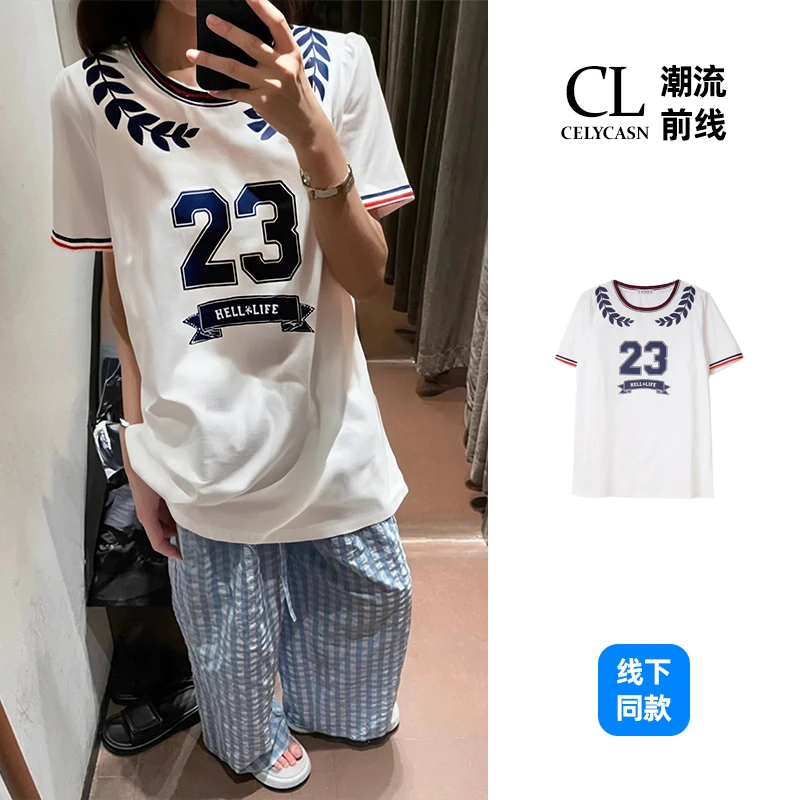 HAIF3C16#夏季复古拼接运动球衣数字字母印花短袖t恤女