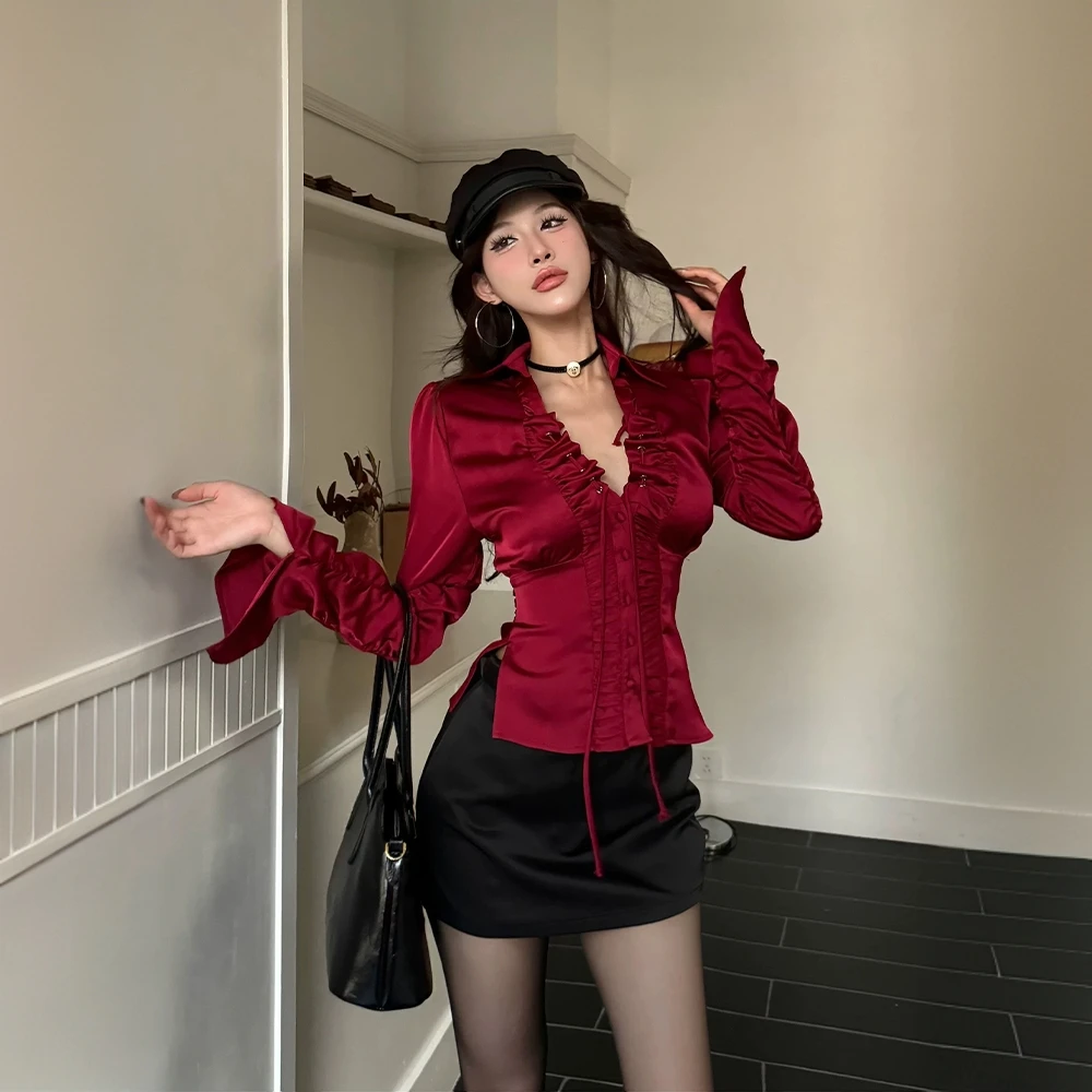 雏野 美式减龄辣妹v领长袖衬衫女冬天御姐风高腰显瘦包臀半裙整套