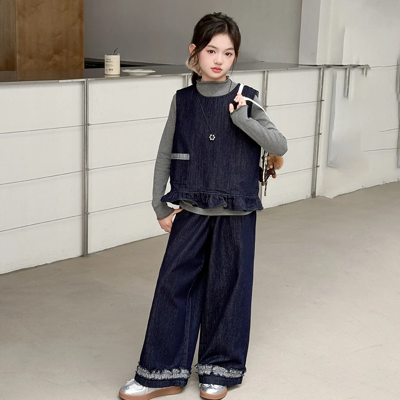 女童春秋套装2025新款儿童洋气牛仔背心阔腿裤三件套女孩韩系穿搭