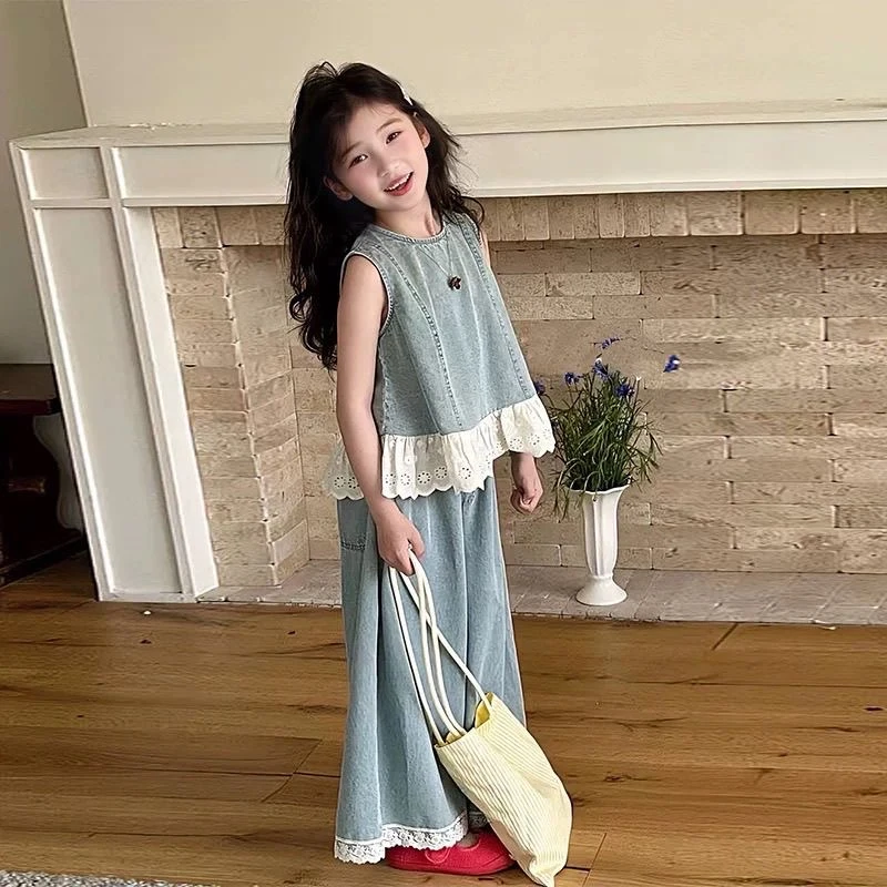 (高品质)女童夏季套装2025儿童洋气牛仔背心无袖上衣阔腿裤两件套