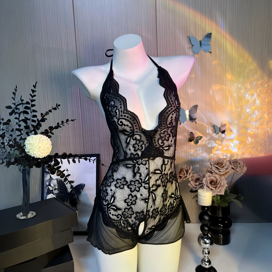 蔷薇（80-150斤）性感镂空蕾丝美背吊带大码绑带纯欲睡衣