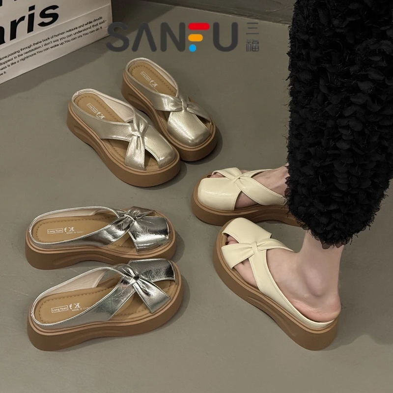 三福2025夏季新款厚底包头交叉软皮镂空懒人一脚蹬凉拖鞋女夏拖鞋