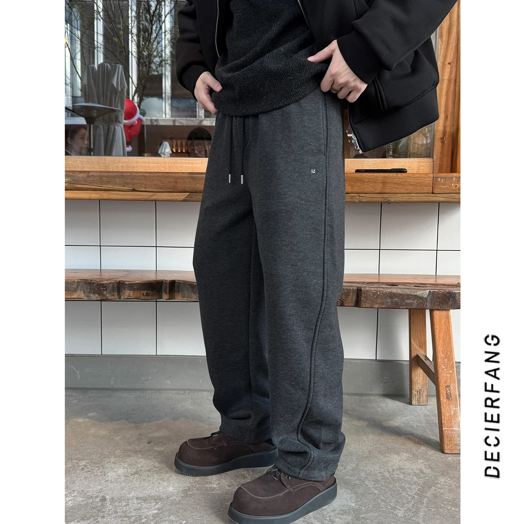 冬季极简笑脸小标刺绣加绒休闲裤男保暖宽松百搭垂感休闲长裤潮