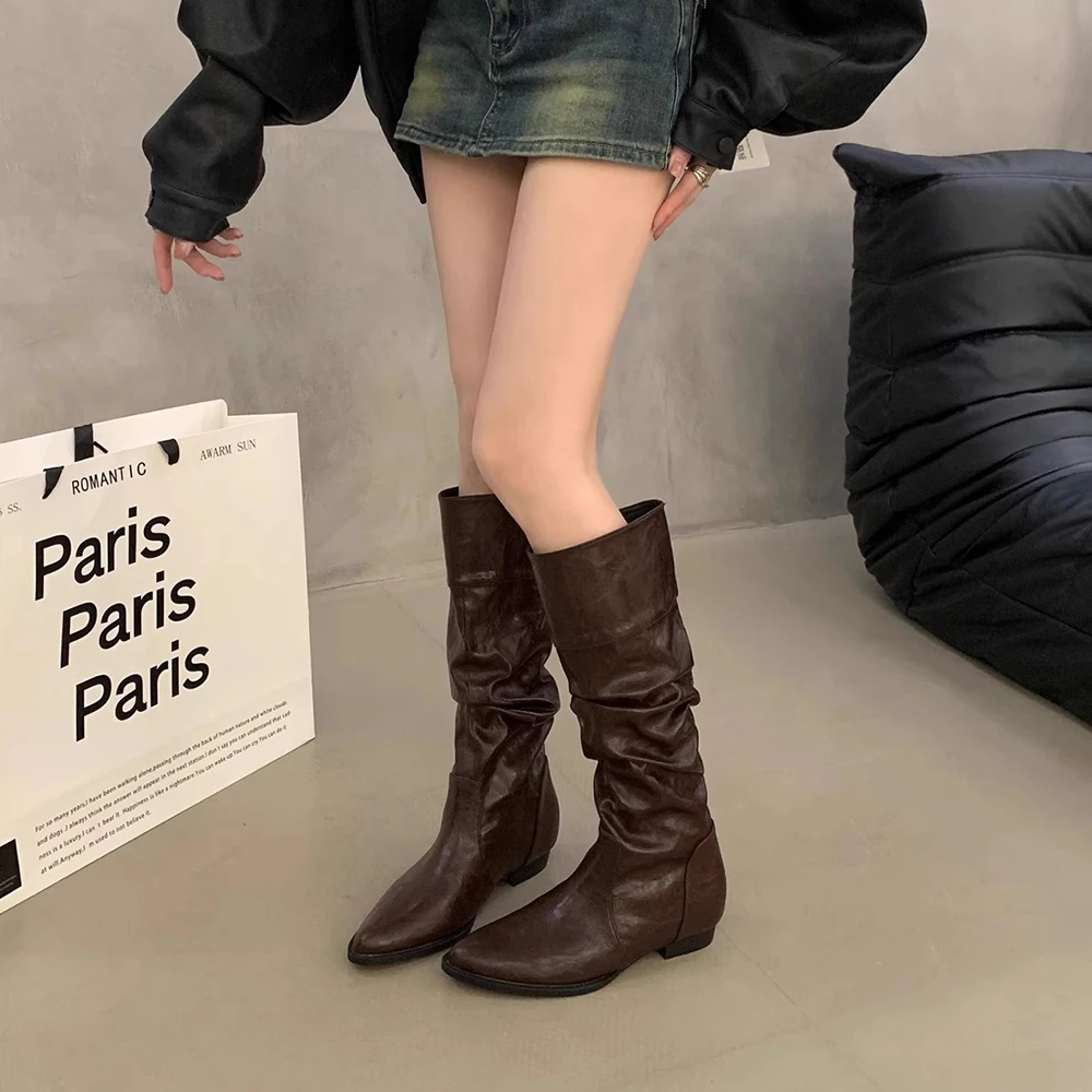 Luckyduck|超显腿长褶皱感尖头堆堆靴骑士靴女长筒靴跟高5cm