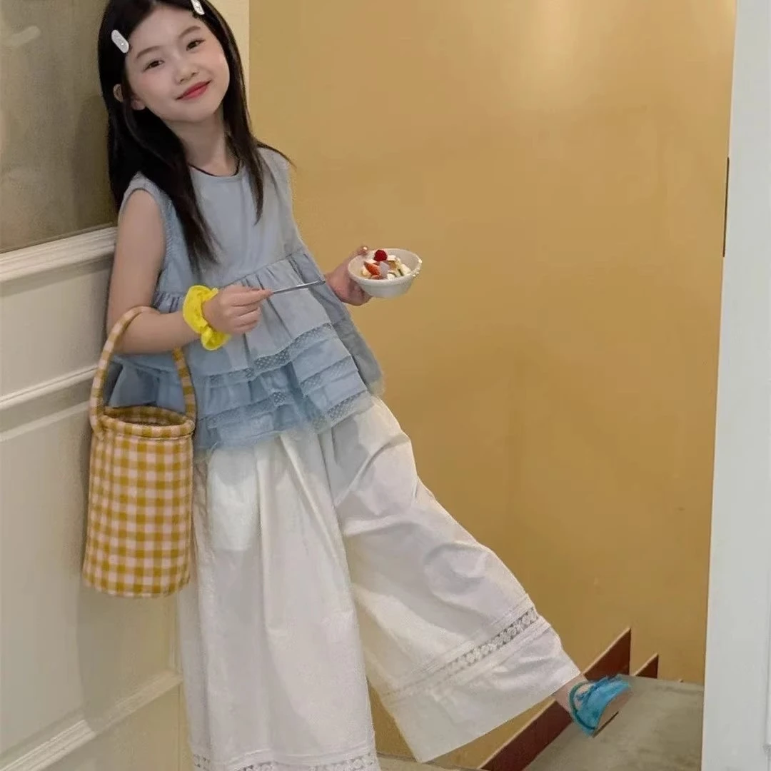 女童夏套装2025新款女孩防蚊阔腿裤子儿童夏季蕾丝花边背心上衣服