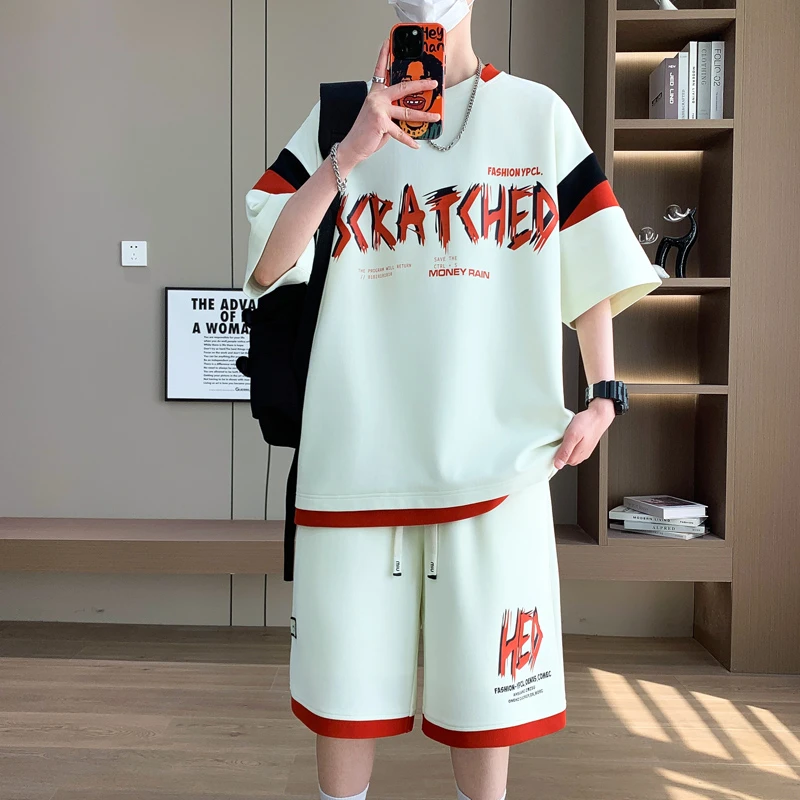 学生T恤夏季胖男生休闲运动套装大码宽松男士青少年薄款休闲