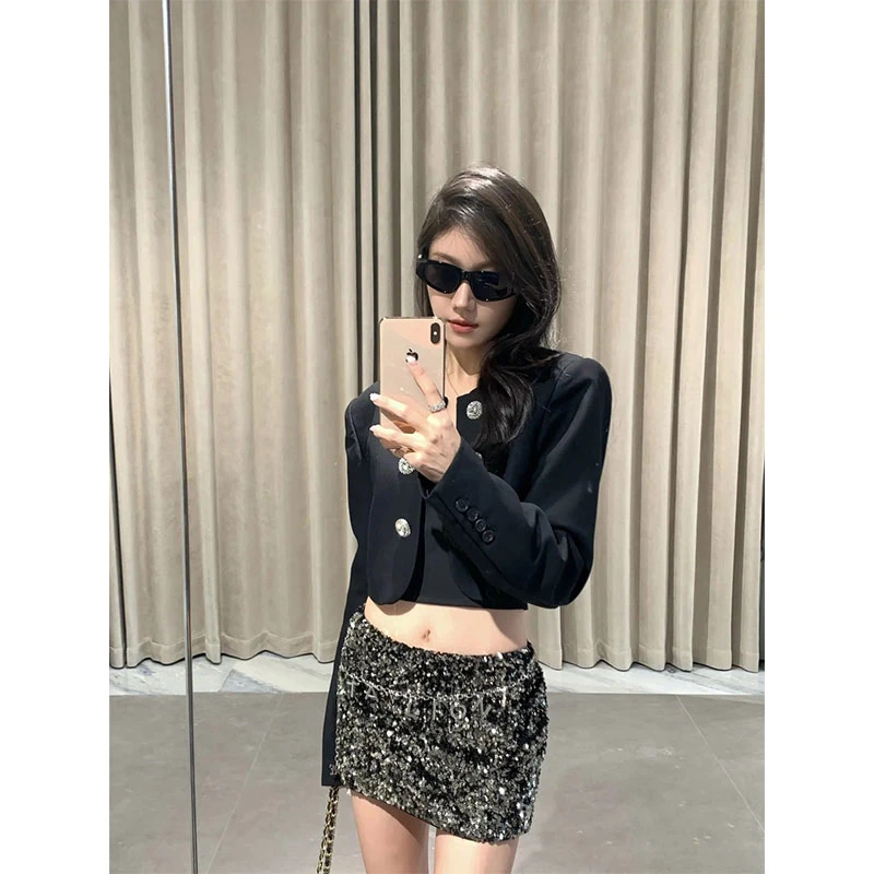 2025秋季新款御姐范圆领西装短外套百搭包臀短裙修身显瘦时尚套装