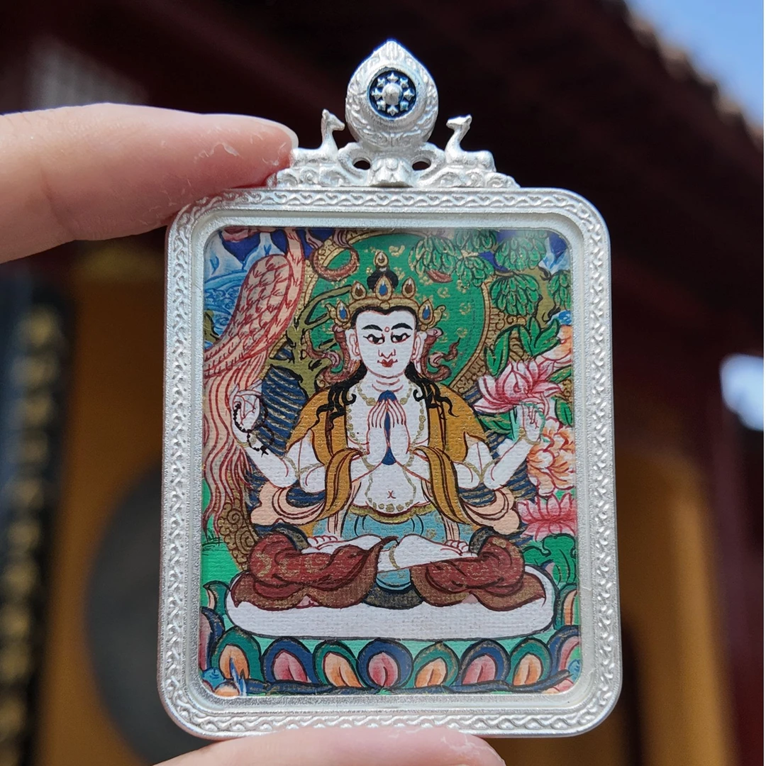 合金布艺吊坠 【福雲轩】纯手绘唐卡四臂观观 天然矿物颜料精品定制